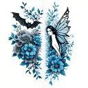 Two separate horizontal collarbone, blue ink, flower vines with a little bat on one and a fairy on the other&nbsp; tattoo design idea