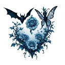 Two separate horizontal collarbone, blue ink, flower vines with a little bat on one and a fairy on the other&nbsp; tattoo design idea