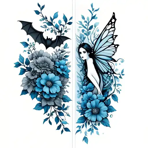 Two separate horizontal collarbone, blue ink, flower vines with a little bat on one and a fairy on the other&nbsp; tattoo design idea