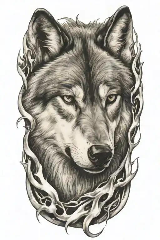 wolf fire flames left arm tattoo design idea