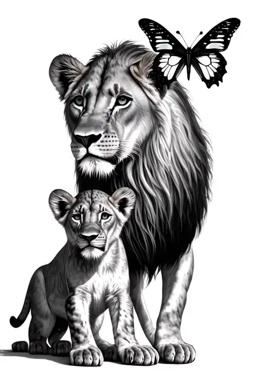 lioness and cub realistic with three butterflies symbolising miscarriages tattoo design idea