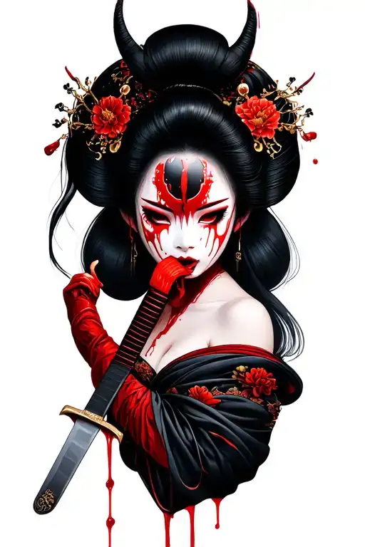 Geisha with broken oni mask licking blood off of katana tattoo design idea