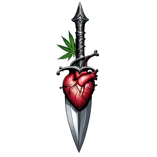 A dagger pierces the heart,Marijuana leaves in the background tattoo design idea