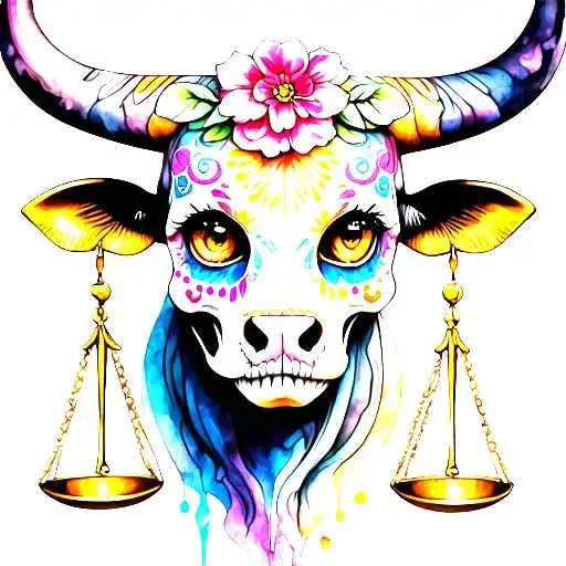 feminine bull with sugar skull markings, brown eyes and two Libra scales and dark background tattoo design idea