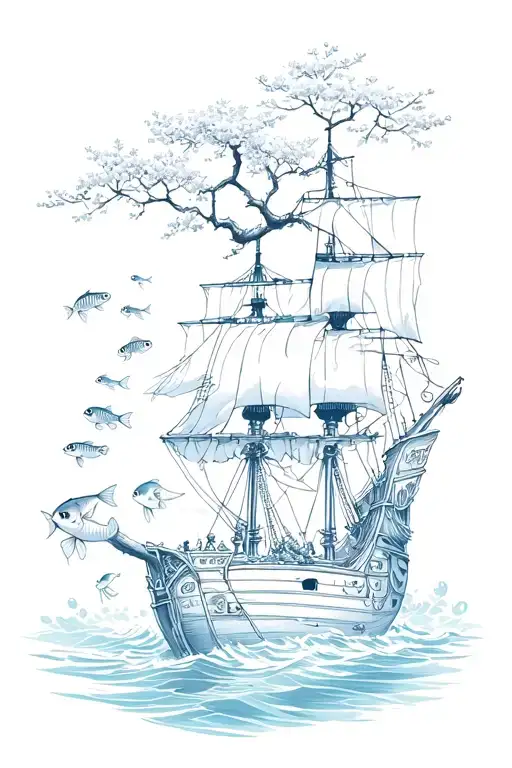 Sakura tree and pirate ship with koi fish swimming tattoo design idea
