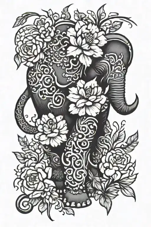 elephant, vines, peonies tattoo design idea