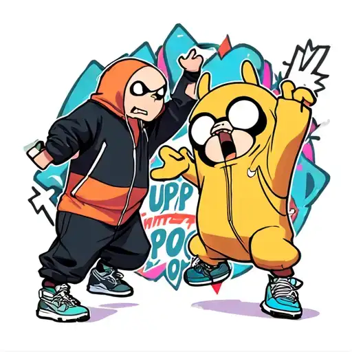 "UPTEMPO" finn and jake from adventure time dressed in hardcore tracksuits and 90 sneakers, are dancing hakken in front of a rave  tattoo design idea