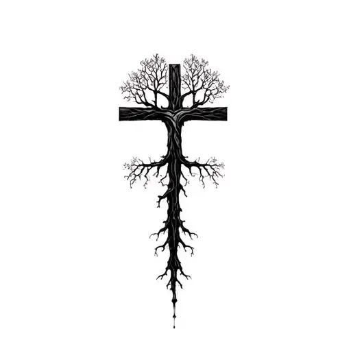 a cross tree with roots add shading tattoo design idea