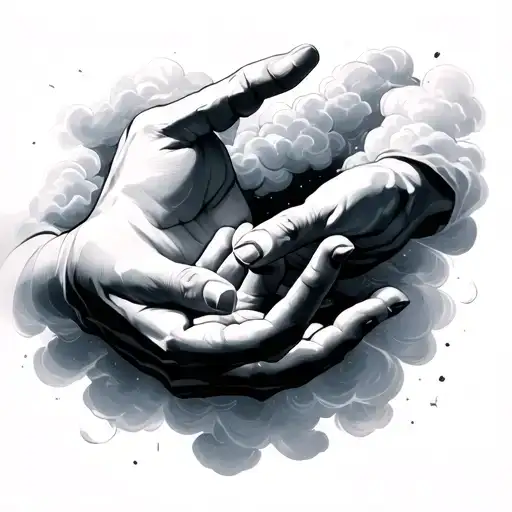 Hands coming from cloud to reach one hand holding tattoo design idea