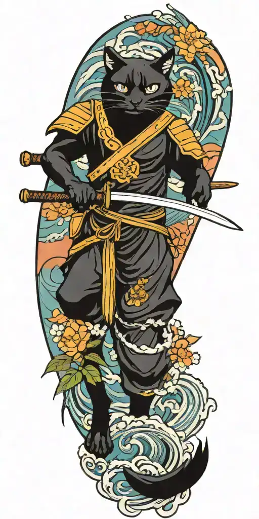 ninja cat holding katana, tail, water, waves, lotus, sakura, clouds, whirlpool, leaves, peony, sunset tattoo design idea