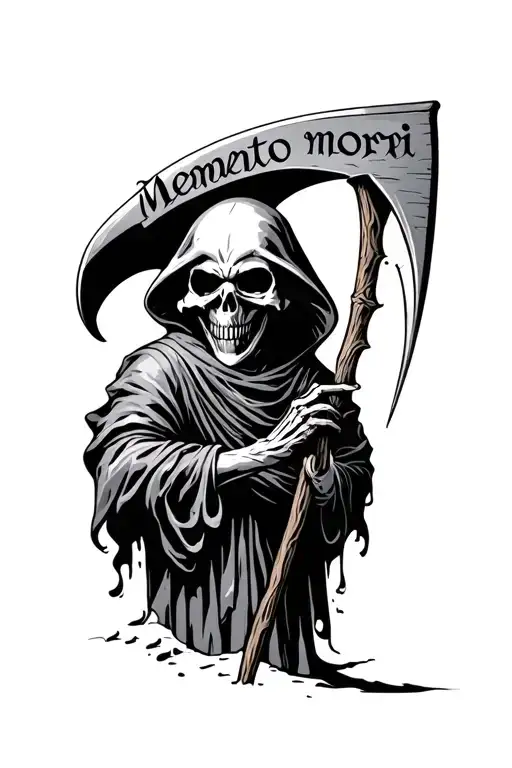 grim reaper with scythe written memento mori text tattoo design idea