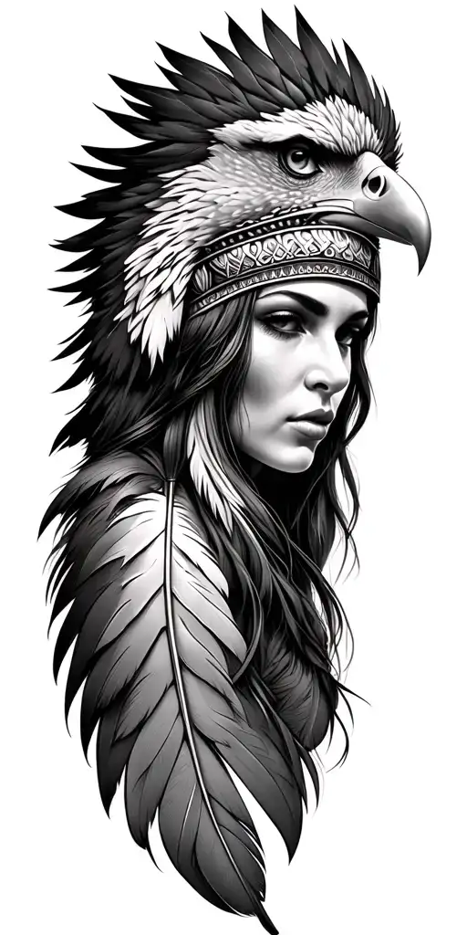 woman with headress inside an eagle feather tattoo design idea