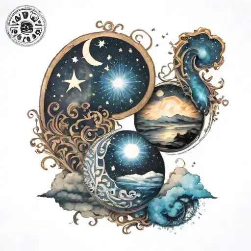 Yin and yang fill the yang with a night sky with stars and moon and the yin with a sunrise with color tattoo design idea