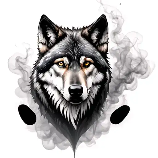 black & gray tattoo design featuring a realistic wolf with a smoky background. seamlessly blend smoke into a paw print tattoo design idea
