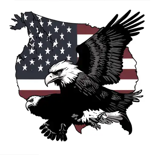manifest destiny word written with bald eagle and American flag in the background tattoo design idea