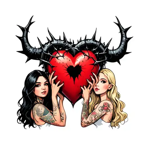 black thorny heart being held by a blonde with horns and a beautiful girl with black hair no horns and tattoos tattoo design idea