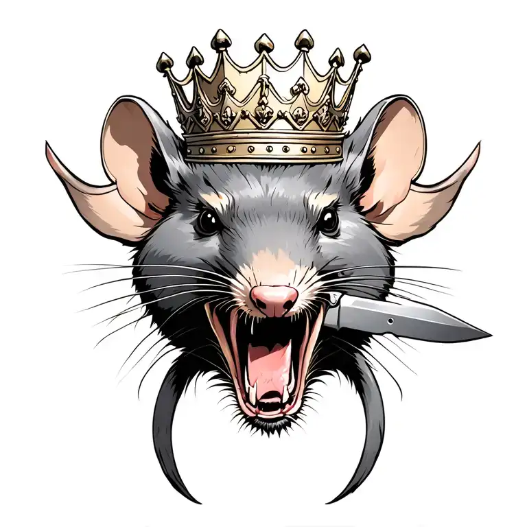rabid rat with a knife in it's mouth and a king's crown on it's head tattoo design idea
