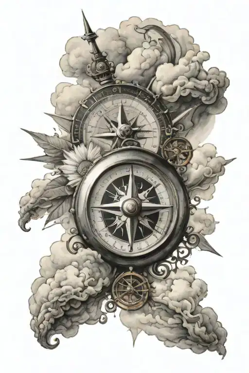 compass surrounded by clouds and the sun in the back  tattoo design idea