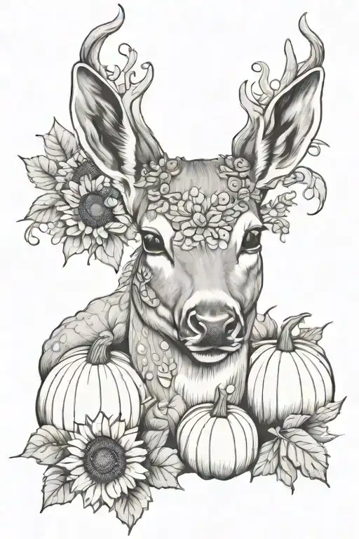female deer laying down with pumpkins in a field of sunflowers  tattoo design idea