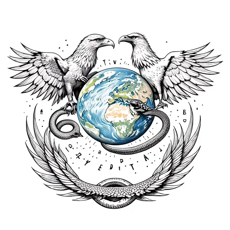 An eagle and a raven surrounding the planet Earth. And a snake in the center tattoo design idea