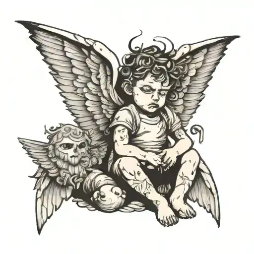 full boddy sad child with wings of demon and angel tattoo design idea