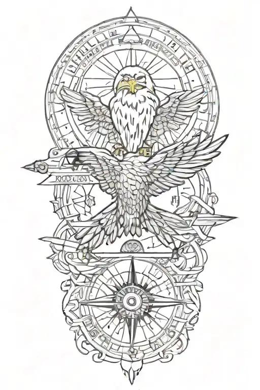 all seeing eye in compass, Ariadne's thread, a bald eagle, and the words "confusio regnat" tattoo design idea