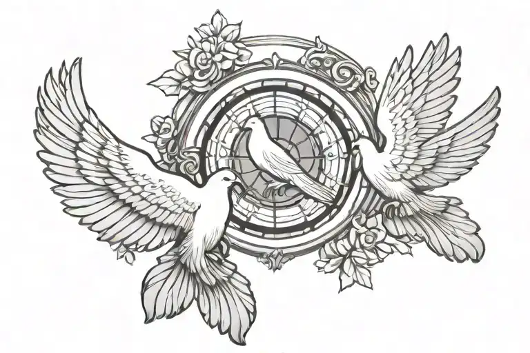 church glass window with dove and praying hands tattoo design idea