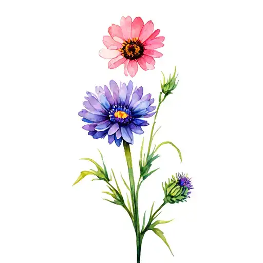 a cornflower with a purple daisy and a pink cheery blosson flower, all similar in size set out in a pattern of three tattoo design idea
