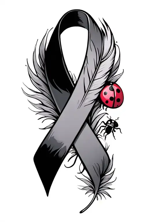 breast cancer ribbon one side a feather. a lady bug tattoo design idea