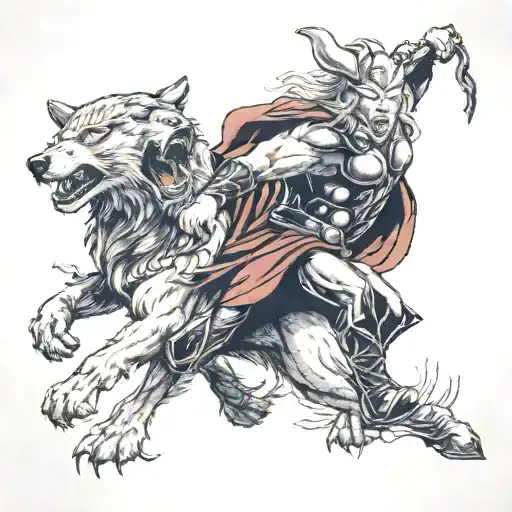 thor fighting fenrir tattoo design idea