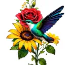 lily, rose, marigold, daisy, and black eyed susans with hummingbird  tattoo design idea