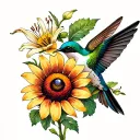 lily, rose, marigold, daisy, and black eyed susans with hummingbird  tattoo design idea