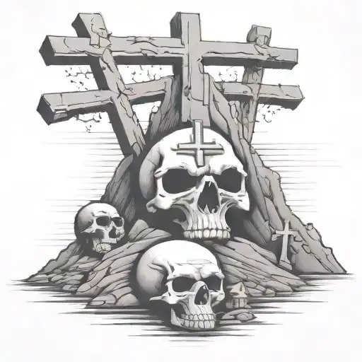Golgotha: A hill that resembles a skull. 3 crosses sit atop the hill tattoo design idea
