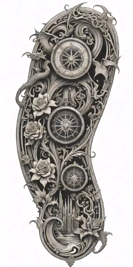 architecture patterns with water waves flowing, flowers, dragons, compass, balance, and perspective  tattoo design idea