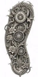 architecture patterns with water waves flowing, flowers, dragons, compass, balance, and perspective  tattoo design idea