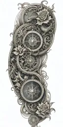 architecture patterns with water waves flowing, flowers, dragons, compass, balance, and perspective  tattoo design idea