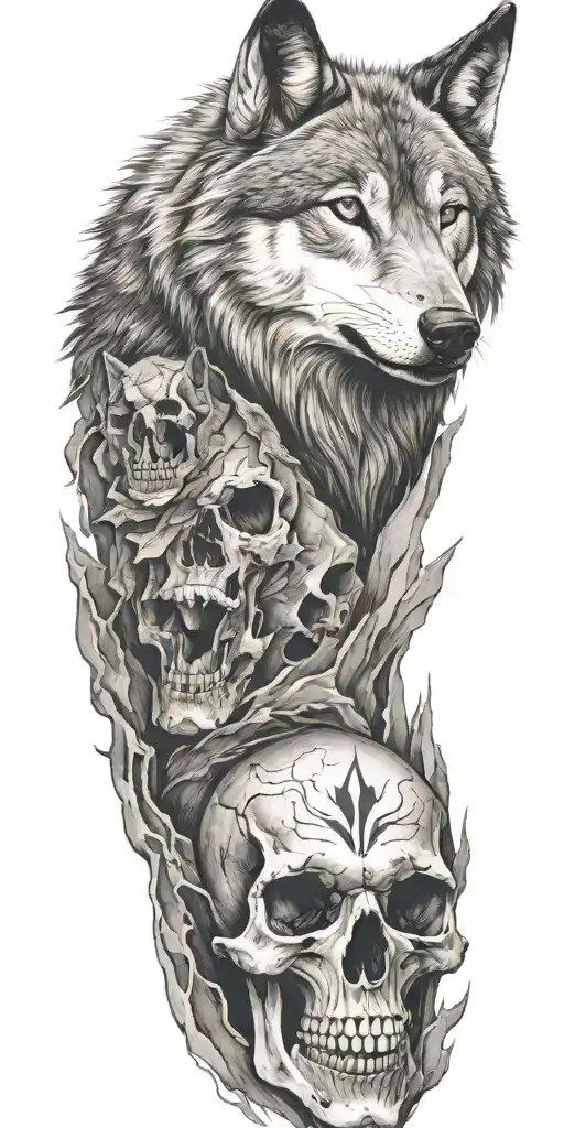 mountains and wolf head and skull  tattoo design idea