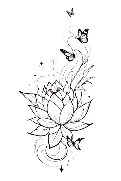 lotus and butterflies with sparkles long and skinny and straight tattoo design idea