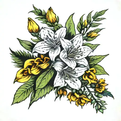 bouquet of asphodel, belladonna, aconite, and sprigs of thyme tattoo design idea