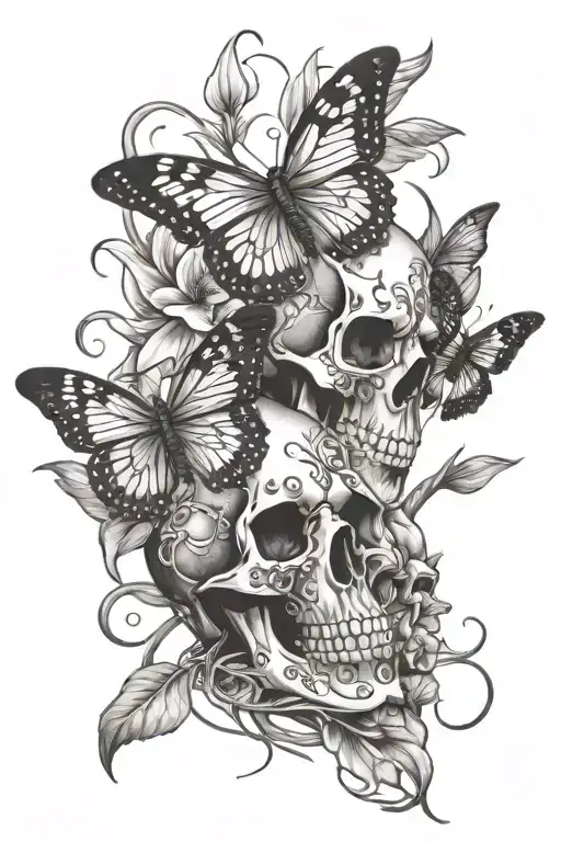 skulls and spider lily intertwined with butterflies tattoo design idea