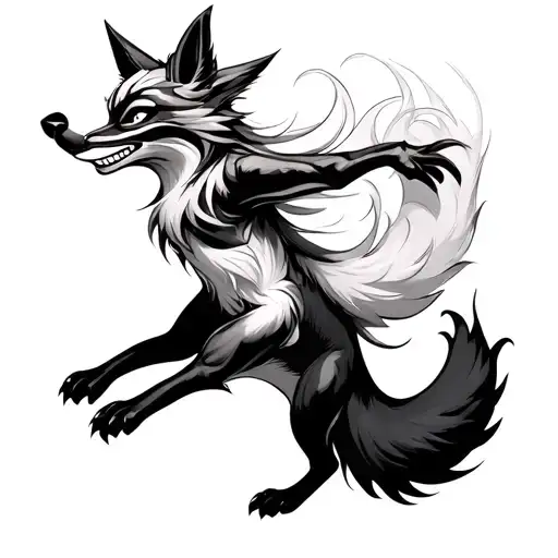 leaping fox with gumiho mask  tattoo design idea