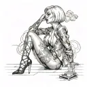 Sexy Woman, short white bob hairstyle, Petite Body, huge cleavage, Thick Thighs, Big booty, Smoking cigarette, side view tattoo design idea