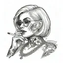 Sexy Woman, short white bob hairstyle, Petite Body, huge cleavage, Thick Thighs, Big booty, Smoking cigarette, side view tattoo design idea