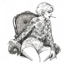 Sexy Woman, short white bob hairstyle, Petite Body, huge cleavage, Thick Thighs, Big booty, Smoking cigarette, side view tattoo design idea