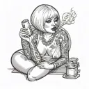 Sexy Woman, short white bob hairstyle, Petite Body, huge cleavage, Thick Thighs, Big booty, Smoking cigarette, side view tattoo design idea