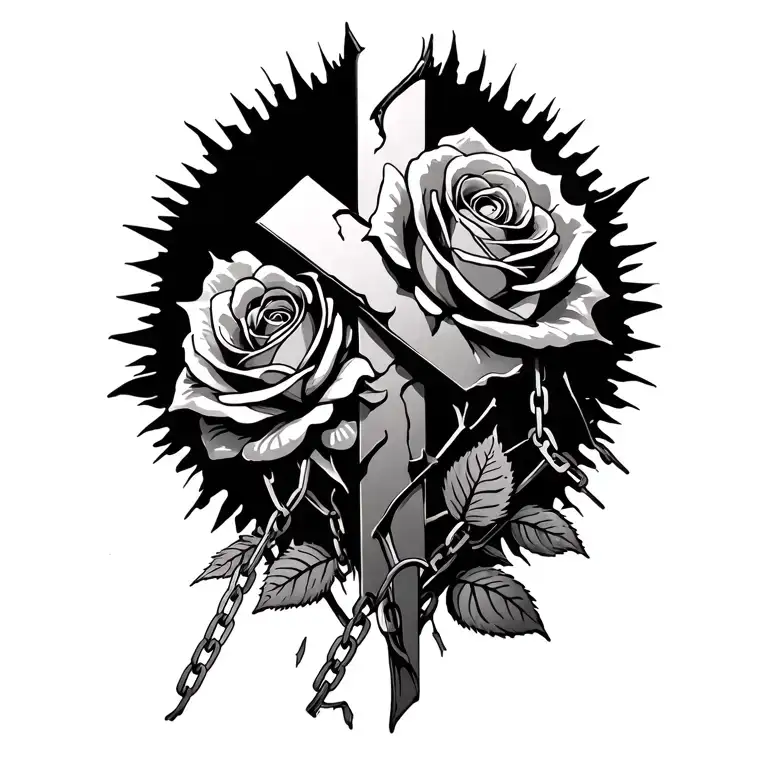 cross over roses sun shining and broken chains breaking and bursting tattoo design idea
