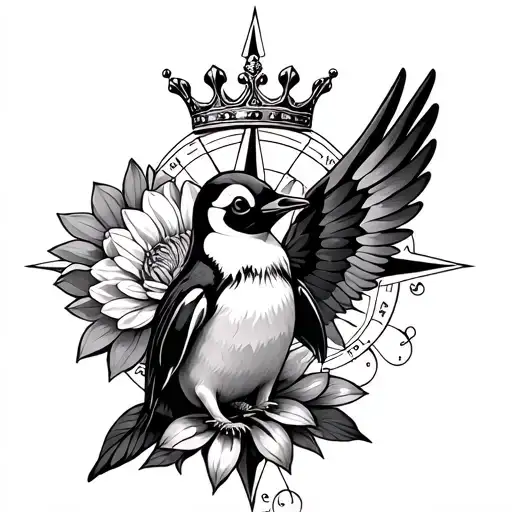 crown compass penguin dahlia wings puzzle tattoo design idea