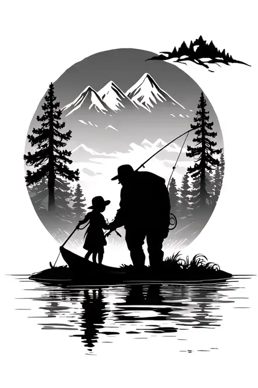 grandpa and granddaughter fishing silouhette with mountains and trees tattoo design idea