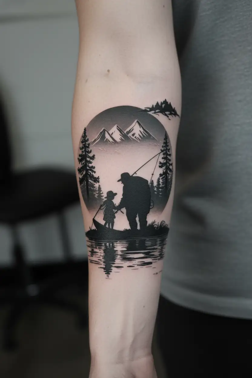 grandpa and granddaughter fishing silouhette with mountains and trees tattoo design idea