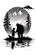 grandpa and granddaughter fishing silouhette with mountains and trees tattoo design idea